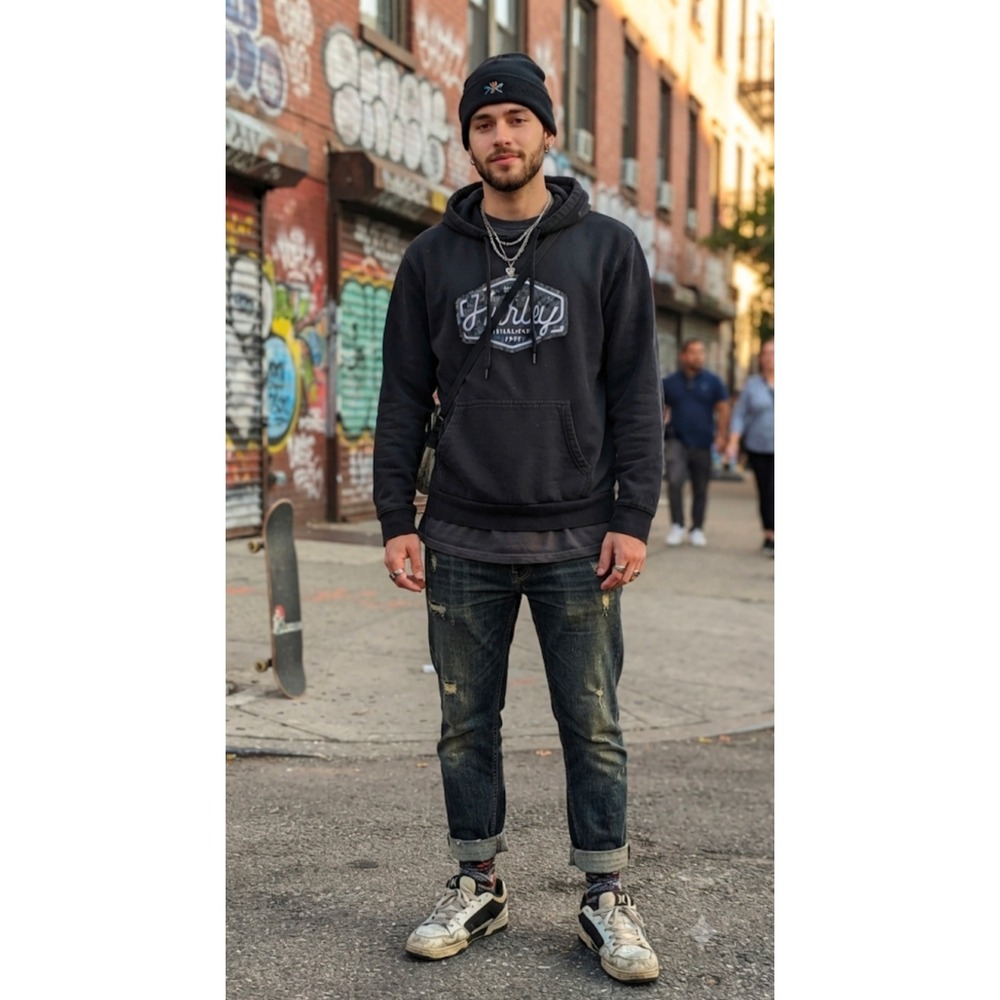 Hurley Surf Co Graphic Hoodie Black Fleece Pullover Sweatshirt XL